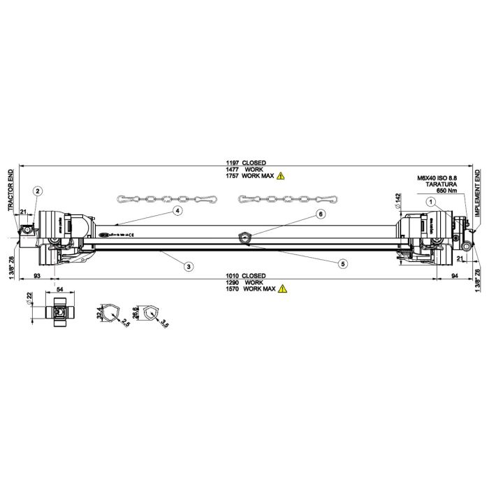 Transmission avec croisillons 22 x 54 mm, limiteur à boulon, 1,2 mètres, 1 3/8" (6), tube triangle, AMA