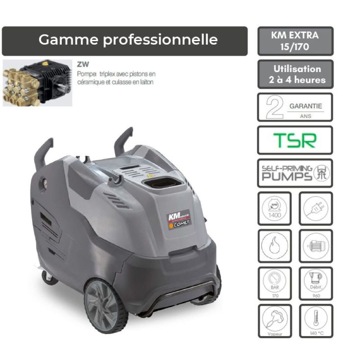 Nettoyeur haute pression électrique eau chaude COMET KM EXTRA 6.15 15/170, 400V, 170 Bar, débit 900l/h