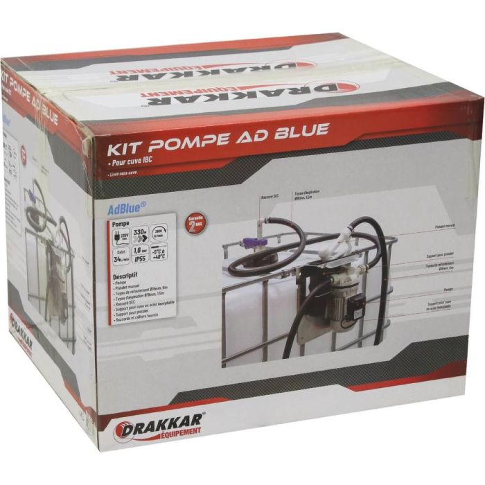 Kit pompe AdBlue 230V, 34l/min, 330W, 1,6 bar pour cuve IBC, pistolet manuel, DRAKKAR