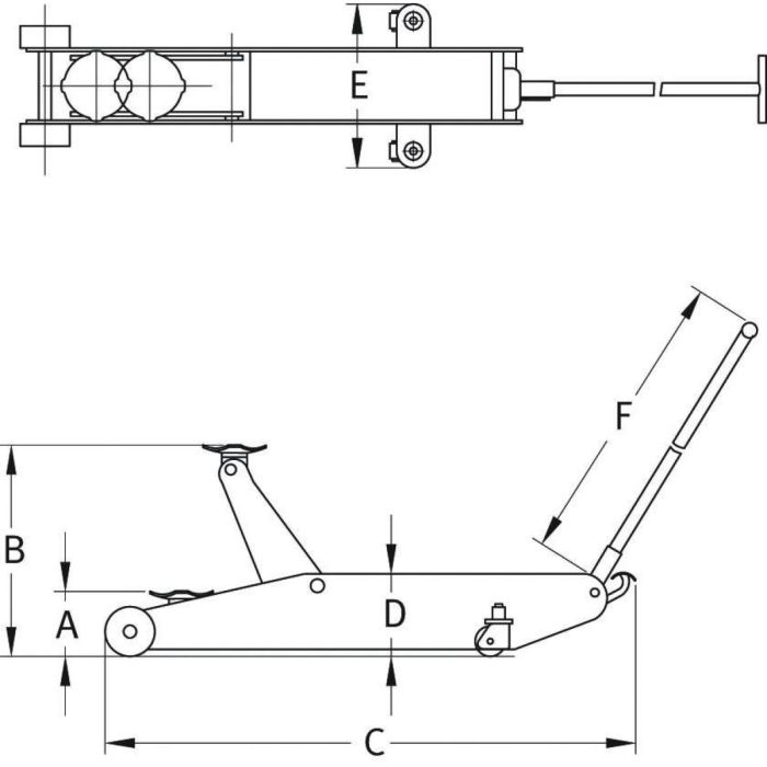 Cric rouleur hydraulique 2T avec pédale d´approche rapide, extra plat et long, COMPAC