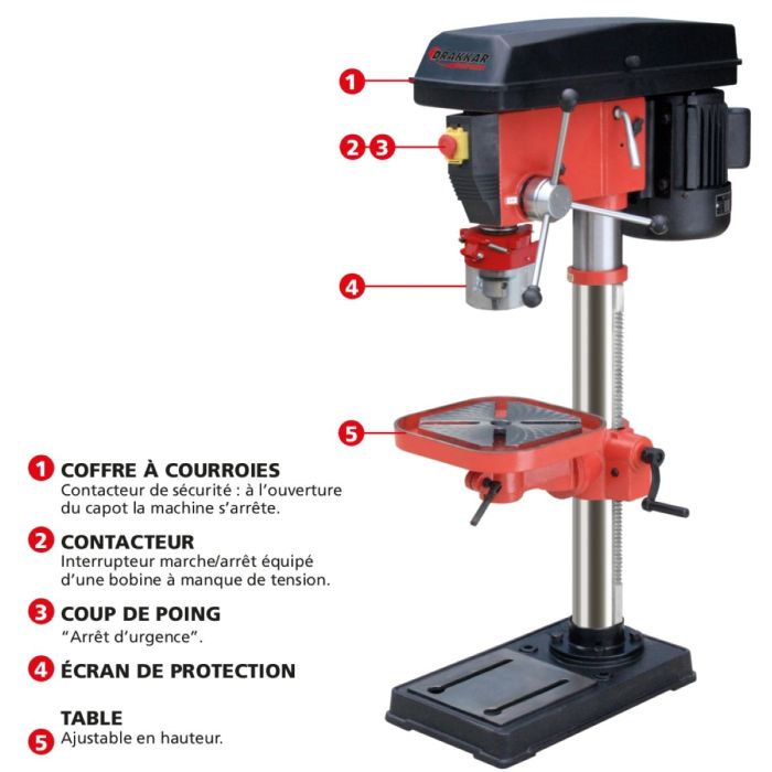 Perceuse sur colonne monophasée, 230V/750W, vitesse 16, DRAKKAR