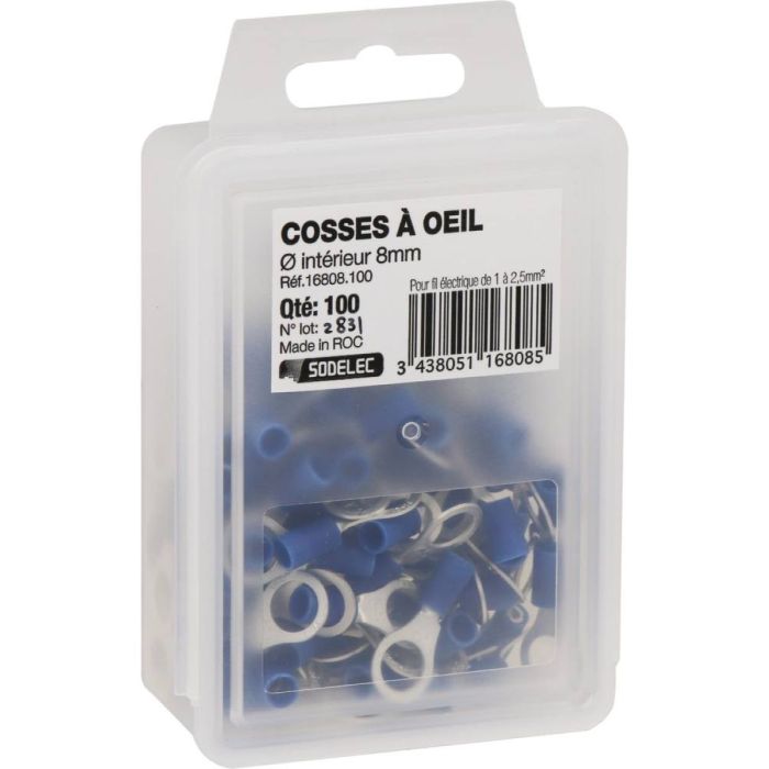 Lot de 100 cosses à oeil isolées M8 bleue pour fil 1 à 2,5mm²