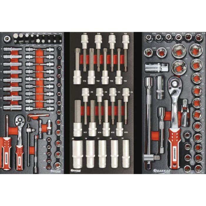 Servante d'atelier 7 tiroirs avec 205 outils, ouverture à 100% des tiroirs montés sur roulement à billes, DRAKKAR