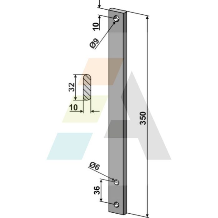 Tige 32x10 mm, trous Ø6 et 9 mm, entraxe 36 mm, pour bineuse EINBOCK, 15.171.03,  pièce interchangeable