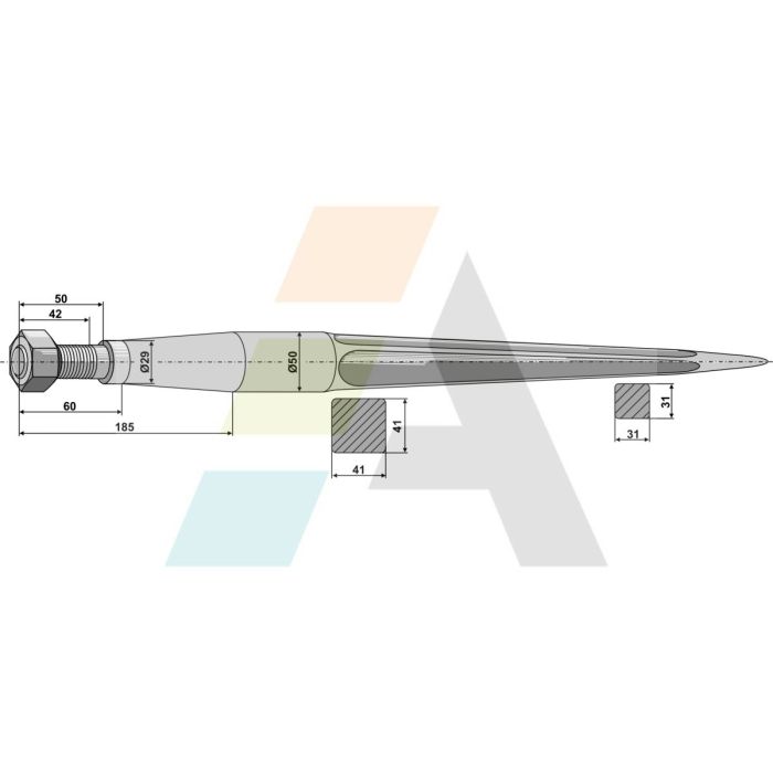 Doigt de fourche droit, fixation filetée M28X1.5, longueur 1140mm, Ø 50mm, pièce interchangeable