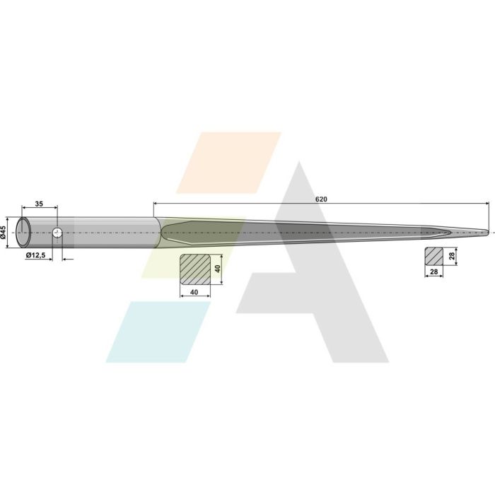 Doigt de fourche droit, fixation cylindrique, longueur 1400mm, Ø 45mm, pièce interchangeable