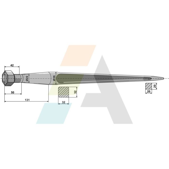 Doigt de fourche droit, fixation filetée M20X1.5, longueur 610mm, Ø 36mm, pièce interchangeable