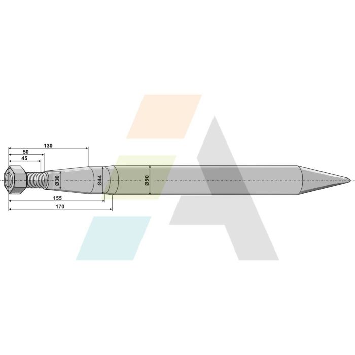 Doigt de fourche droit, fixation filetée M28X1.5, longueur 880mm, Ø 50mm, pièce interchangeable