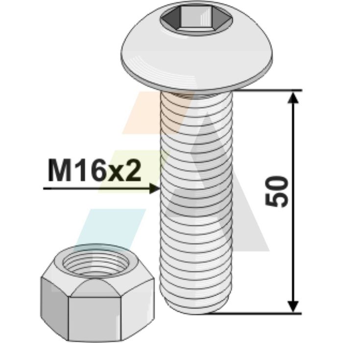 Boulon agricole 16x50 mm 6 pans creus avec ecrou frein interne, classe 10.9