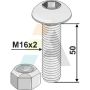 Boulon agricole 16x50 mm 6 pans creus avec ecrou frein interne, classe 10.9