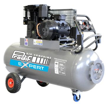 Compresseur à courroie, mobile 200 litres 400V, 29,5m³/h, 5,5 CV, bi-cylindre, TRE2220055TG, PRODIF EXPERT