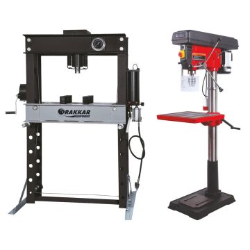 Presse d'atelier 45T manuelle et pneumatique + Perceuse sur colonne triphasée, DRAKKAR