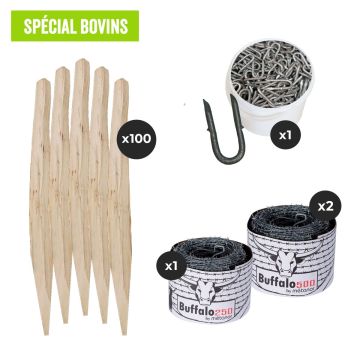 Pack clôture barbelés pour bovins, 2 bobines barbelés 500m, 1 bobine barbelé 250m, 1 seau de crampillons et 100 piquets châtaignier 1.80m