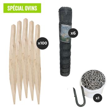 Pack clôture grillage pour moutons, 6 rouleaux 50m grillage galvanisé hauteur 1.20m, 1 seau de crampillons et 100 piquets châtaignier 1.80m