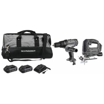Pack 2 outils SCHNEIDER : perceuse 50Nm et scie sauteuse avec 2 batteries Li-ion 20V 2Ah, 1 chargeur rapide 3A et sac de transport