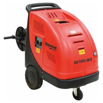 Nettoyeur haute pression eau chaude DRAKKAR, 380V, 200 bar, débit 15 l/min - 900 l/h, système total stop avec flexible 20 mètres, avec enrouleur et lance turbo