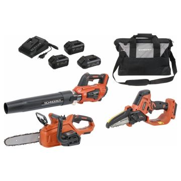 Pack 3 outils SCHNEIDER sans fil : souffleur de jardin + élagueuse sur batterie + tronçonneuse + accessoires et sac de rangement