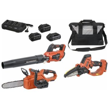 Pack 3 outils SCHNEIDER sans fil : souffleur de jardin + élagueuse sur batterie + tronçonneuse + accessoires (chargeur double) et sac de rangement